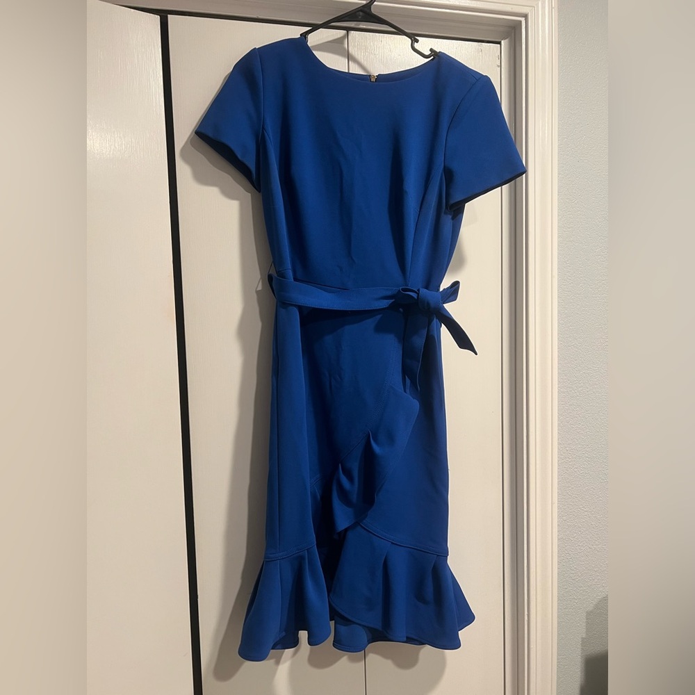 Calvin Klein Blue Ruffled Wrap Midi Dress